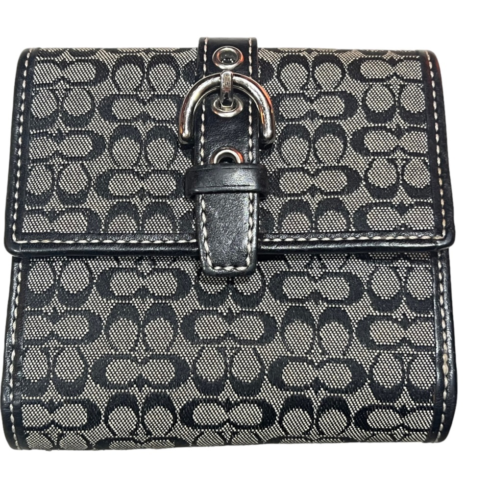 Coach Small Wallet Black Gray Buckle Sm Logo CC Fold Out Coin purse signature